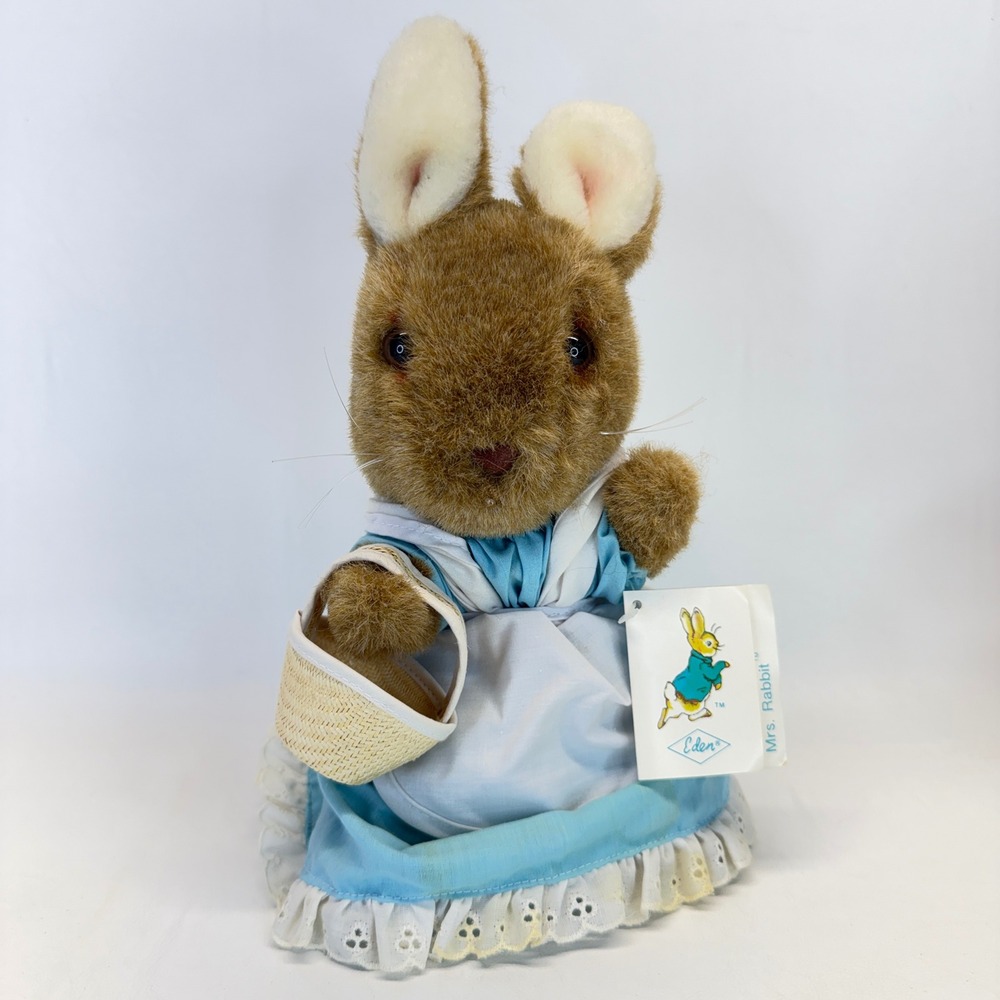 Vintage 1983 Eden Toys Beatrix Potter Mrs Rabbit Plush Blue Dress Basket 10 inch